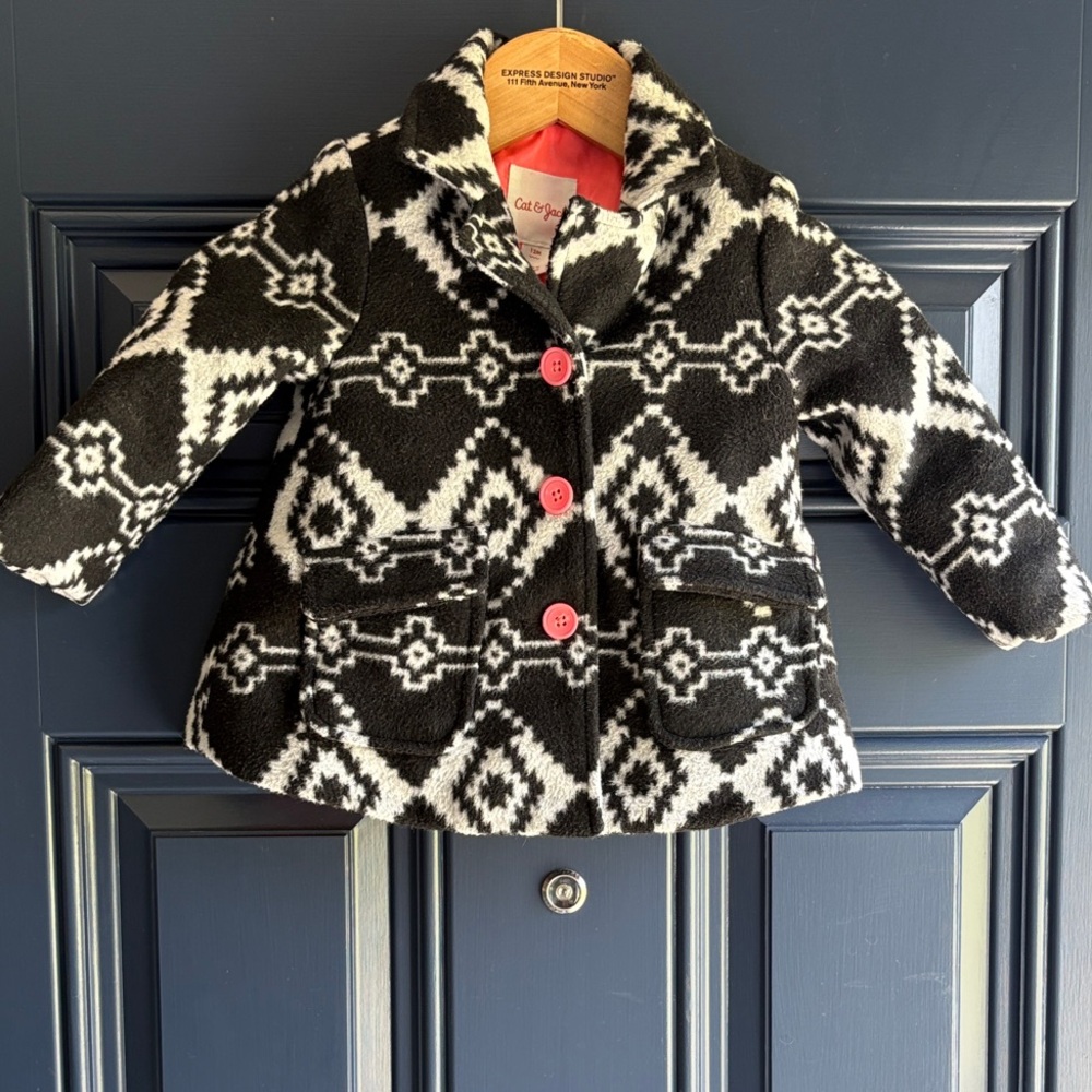 Cat & Jack Black and White Patterned Pea Coat with Pink Buttons